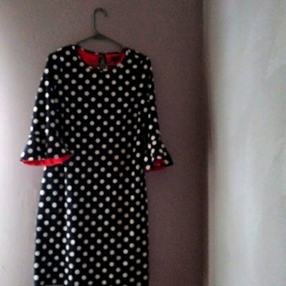 ILe new York , size 12 , long sleeve, polkadot dress , blue , white , and red.